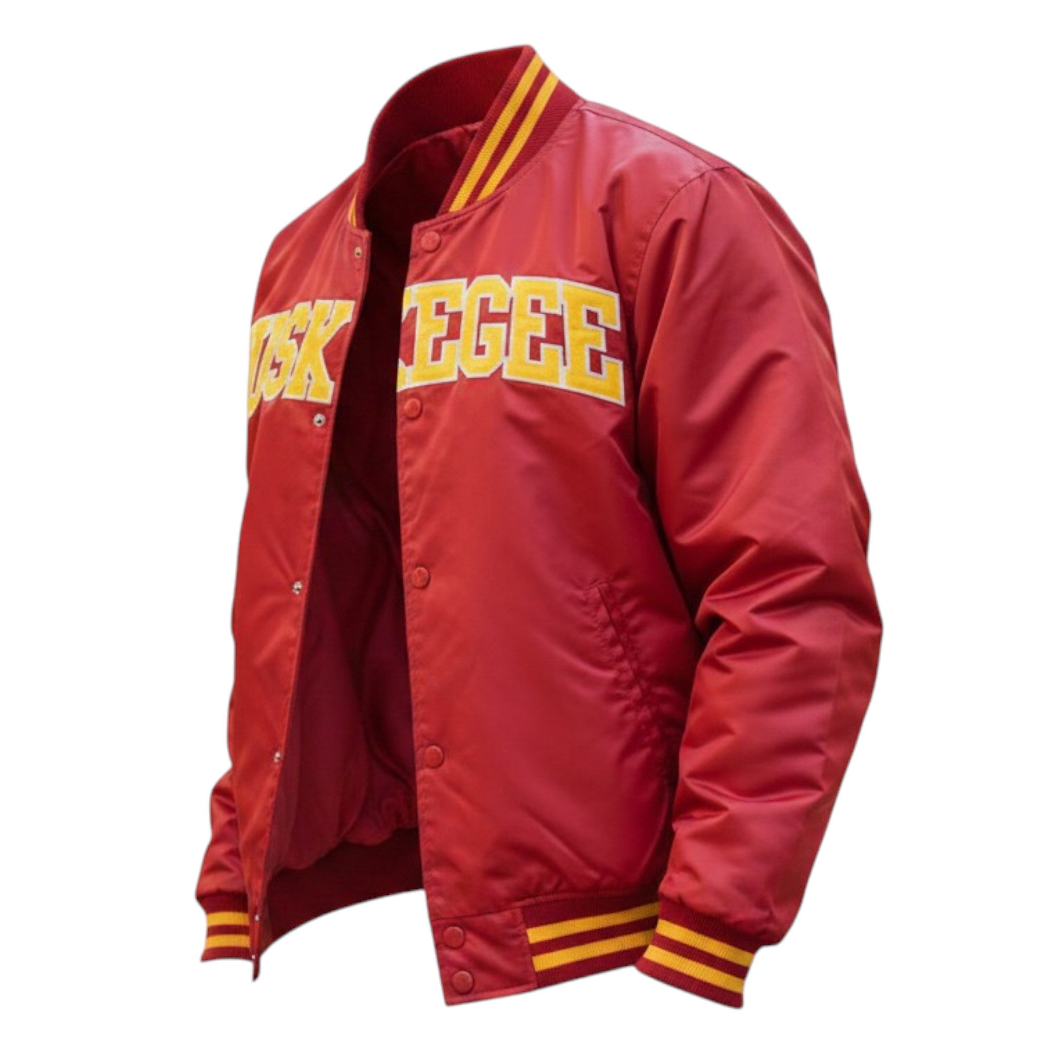 Red letterman jacket with yellow text and trim on a white background