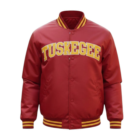 Red letterman jacket with 'Tuskegee' text on a white background