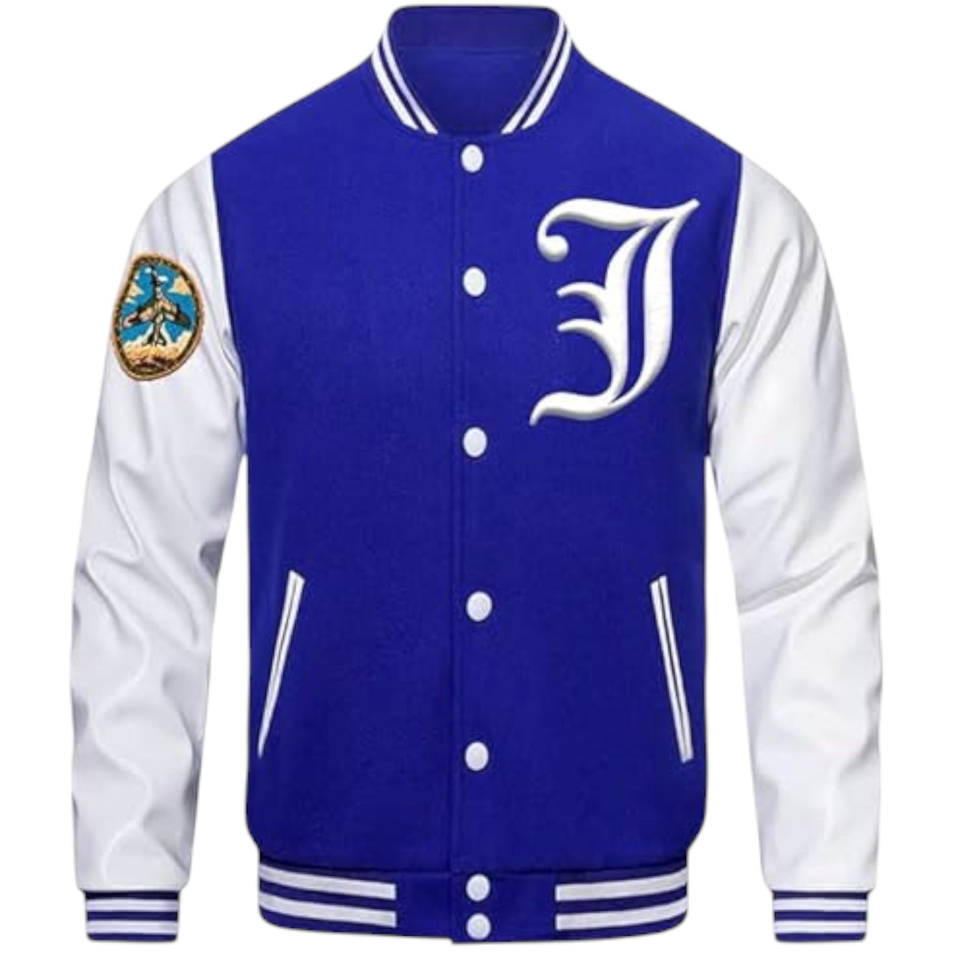 Men's Varsity Jacket in royal blue and white with embroidered letter 'F' on the chest, a patch on the back, and a logo on the sleeve, featuring a full-snap front closure and ribbed cuffs, collar, and waistband.