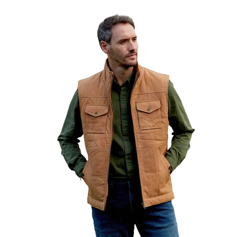 Monty Men Quilted Leather Gilet Tan Casual & Outdoor Layer