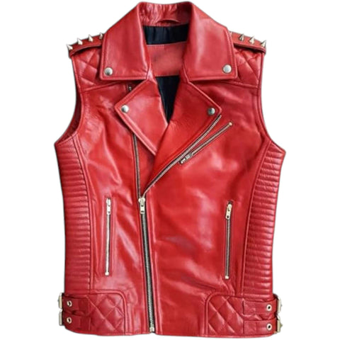 Retro Red Leather Biker Vest for Men Genuine Lambskin Style
