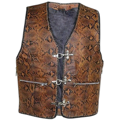 Genuine Cowhide Leather Biker Vest for Men – Brown Snake Skin Look