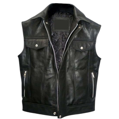 Retro Café Racer Sleeveless Biker Vest Men Genuine Lambskin