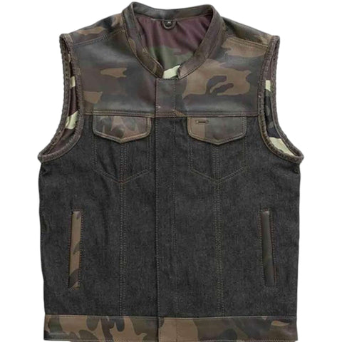 Sleeveless Camouflage Vest Leather & Textile Biker Style