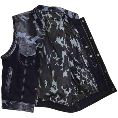 Men Camo Leather & Textile Sleeveless Motorcycle Vest