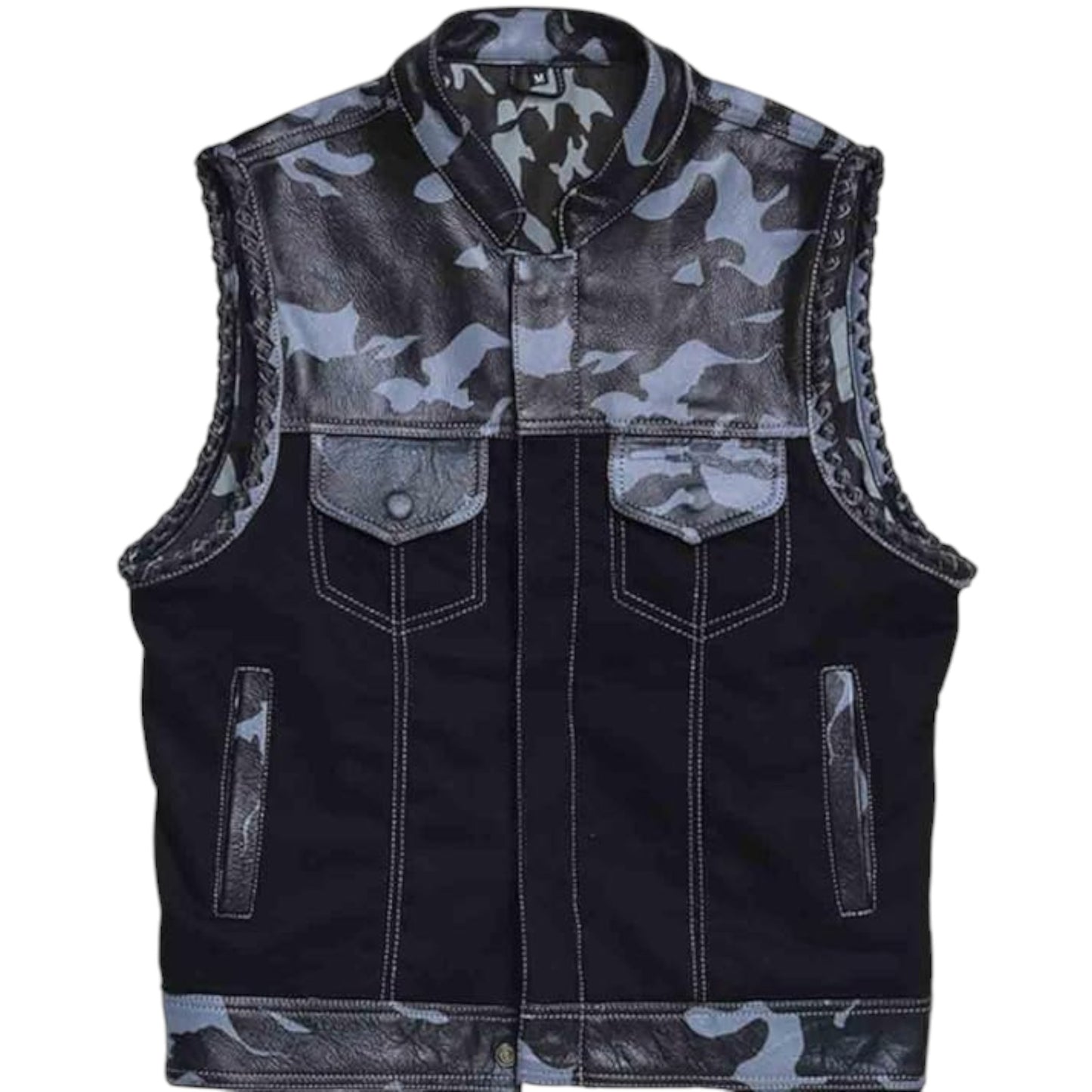 Men's sleeveless biker rider vest with camouflage pattern on the upper part and leather detailing, featuring multiple pockets and a zipper front.