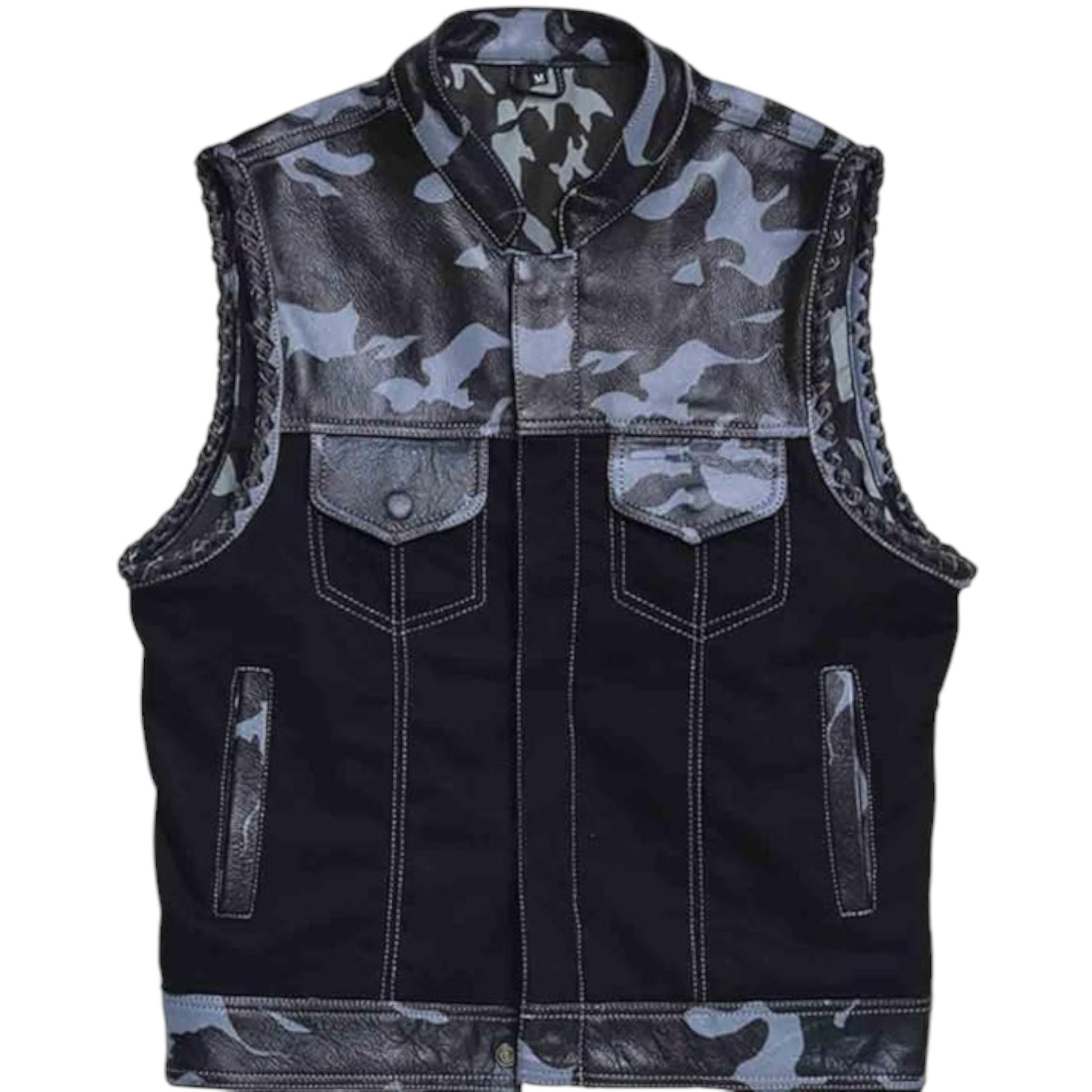 Men's sleeveless biker rider vest with camouflage pattern on the upper part and leather detailing, featuring multiple pockets and a zipper front.