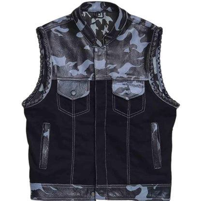 Men's sleeveless biker rider vest with camouflage pattern on the upper part and leather detailing, featuring multiple pockets and a zipper front.