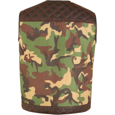 Biker Vest for Men Genuine Leather & Camouflage Fabric