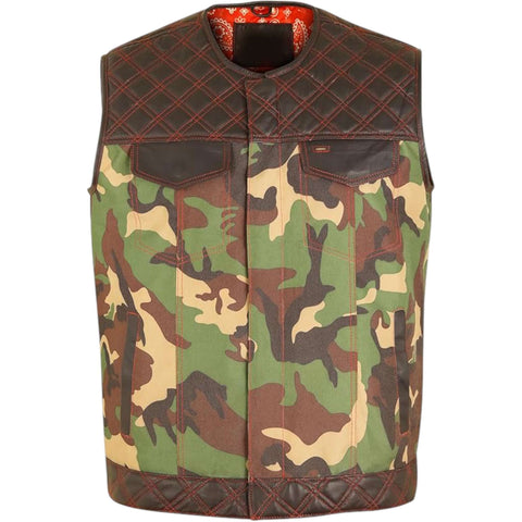 Biker Vest for Men Genuine Leather & Camouflage Fabric