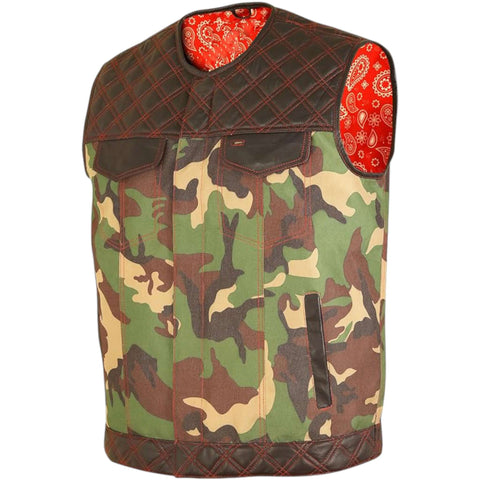 Biker Vest for Men Genuine Leather & Camouflage Fabric
