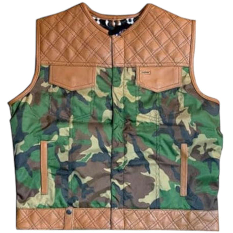 Camo Biker Vest for Men Leather & Textile Mix