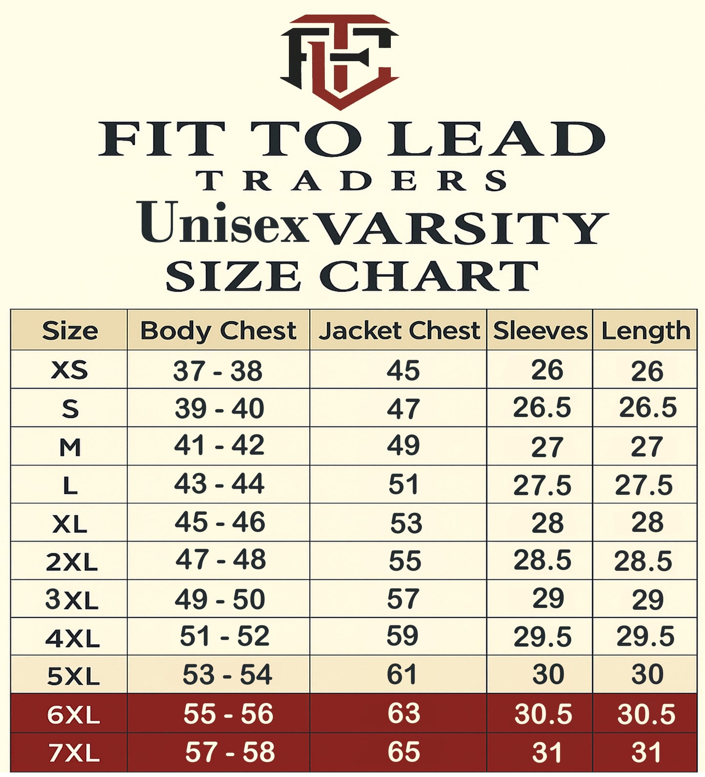 Size chart for Fit to Lead Traders Unisex Varsity jackets with measurements in body chest, jacket chest, sleeves, and length.