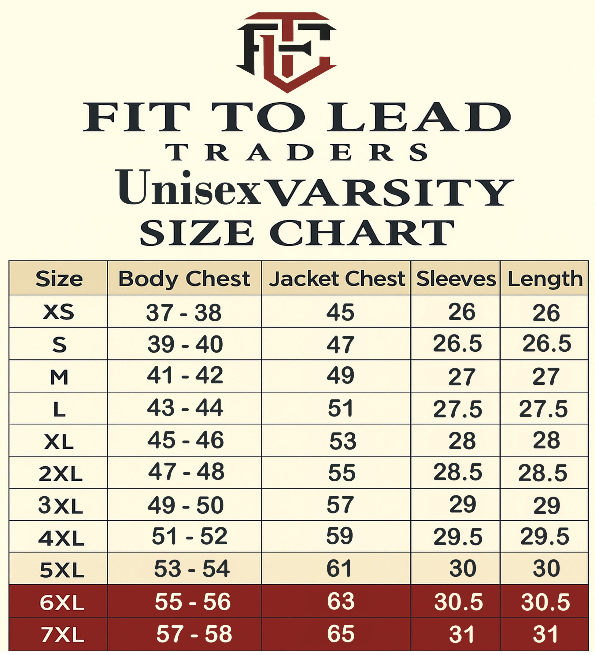 Size chart for Fit to Lead Traders Unisex Varsity jackets with measurements in body chest, jacket chest, sleeves, and length.