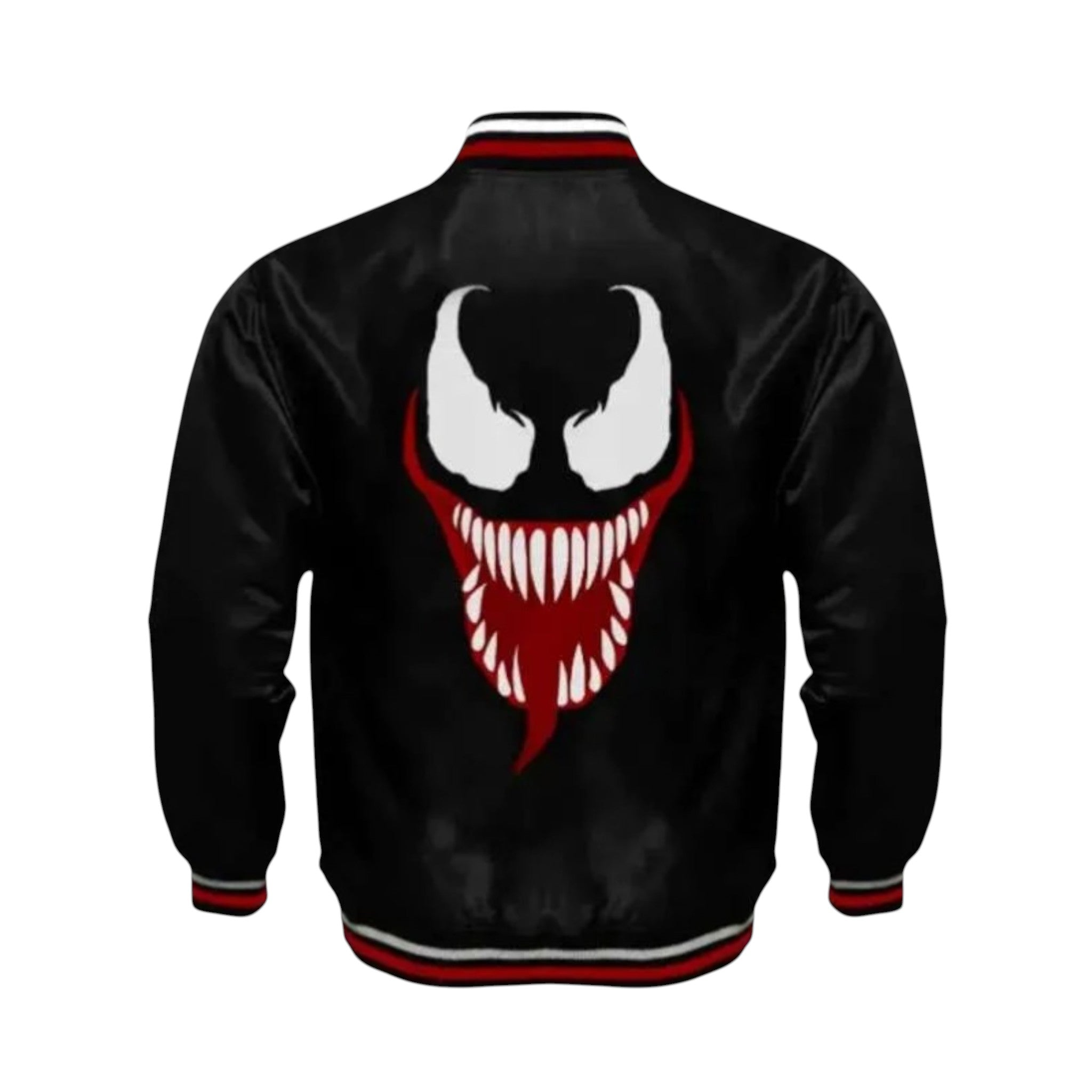 Black jacket with a red and white graphic on the back against a white background