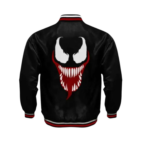 Black jacket with a red and white graphic on the back against a white background