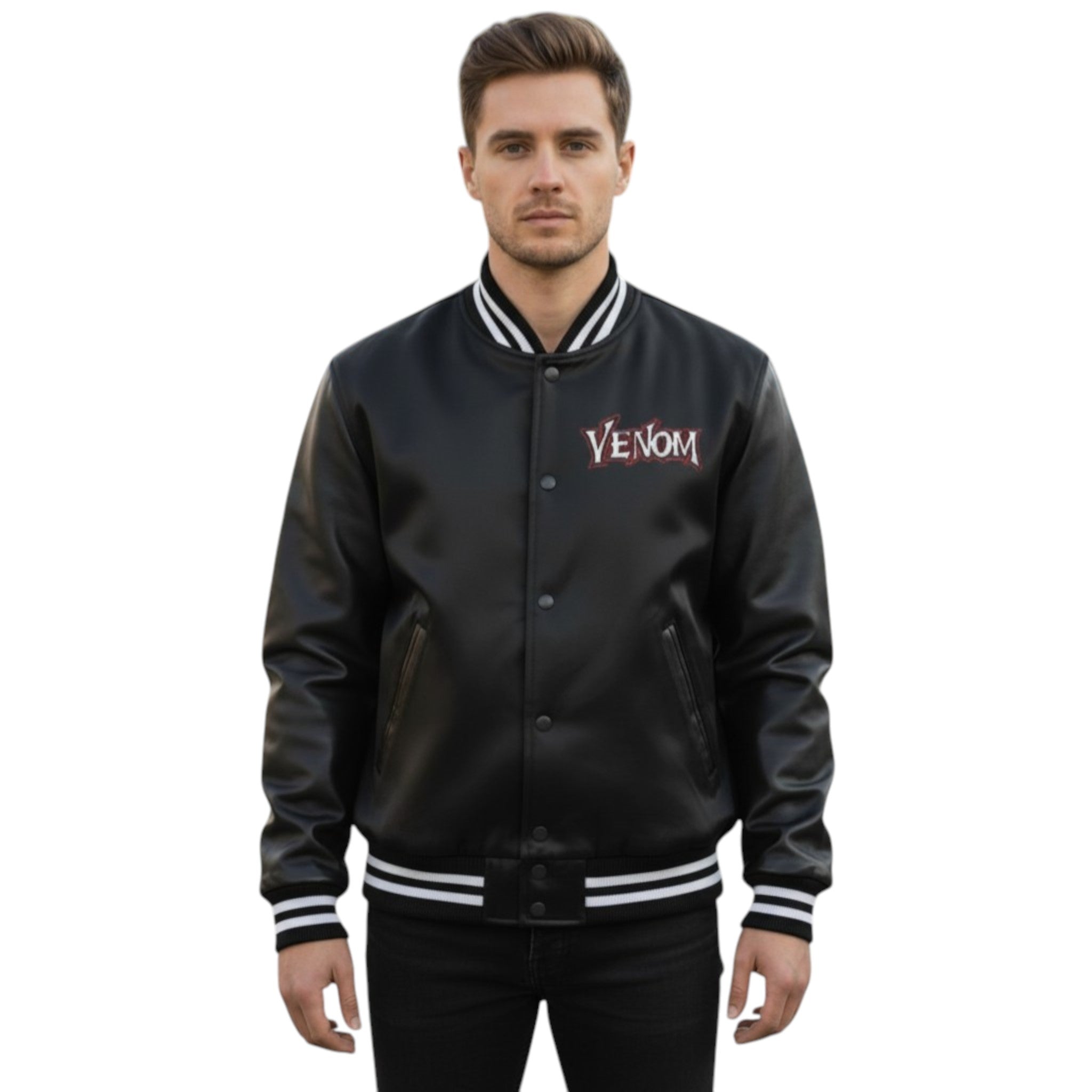 Man wearing a black 'Venom' jacket on a white background