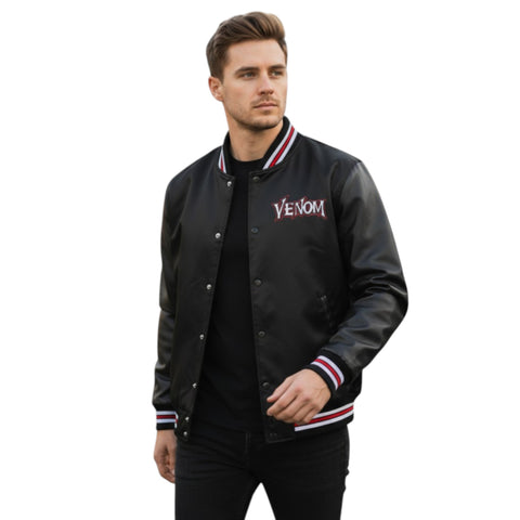 Man wearing a black varsity jacket with 'Venom' logo on a white background