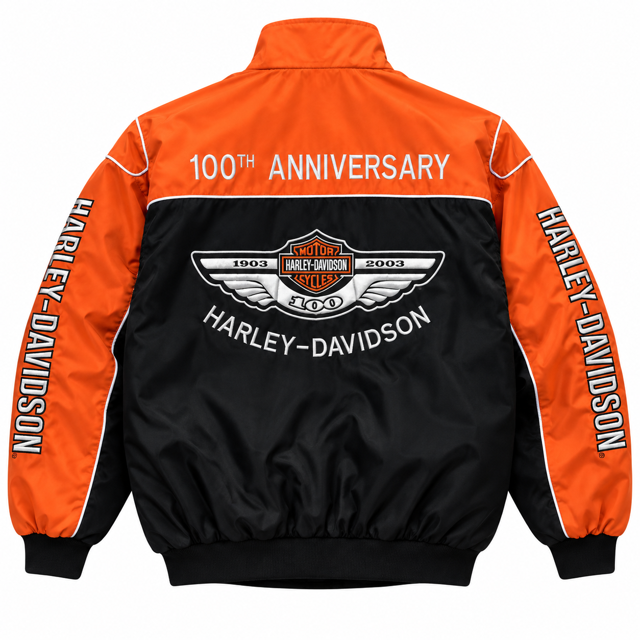 Back view of a Harley-Davidson 100th Anniversary satin jacket, featuring a black and orange color-blocked design with white text and logo details.