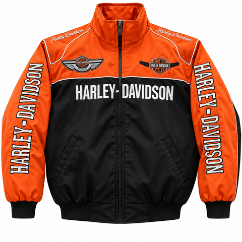 A Harley-Davidson zip-up jacket with a bold orange and black color-blocked design, featuring white brand lettering and logos on the chest, shoulders, and sleeves.