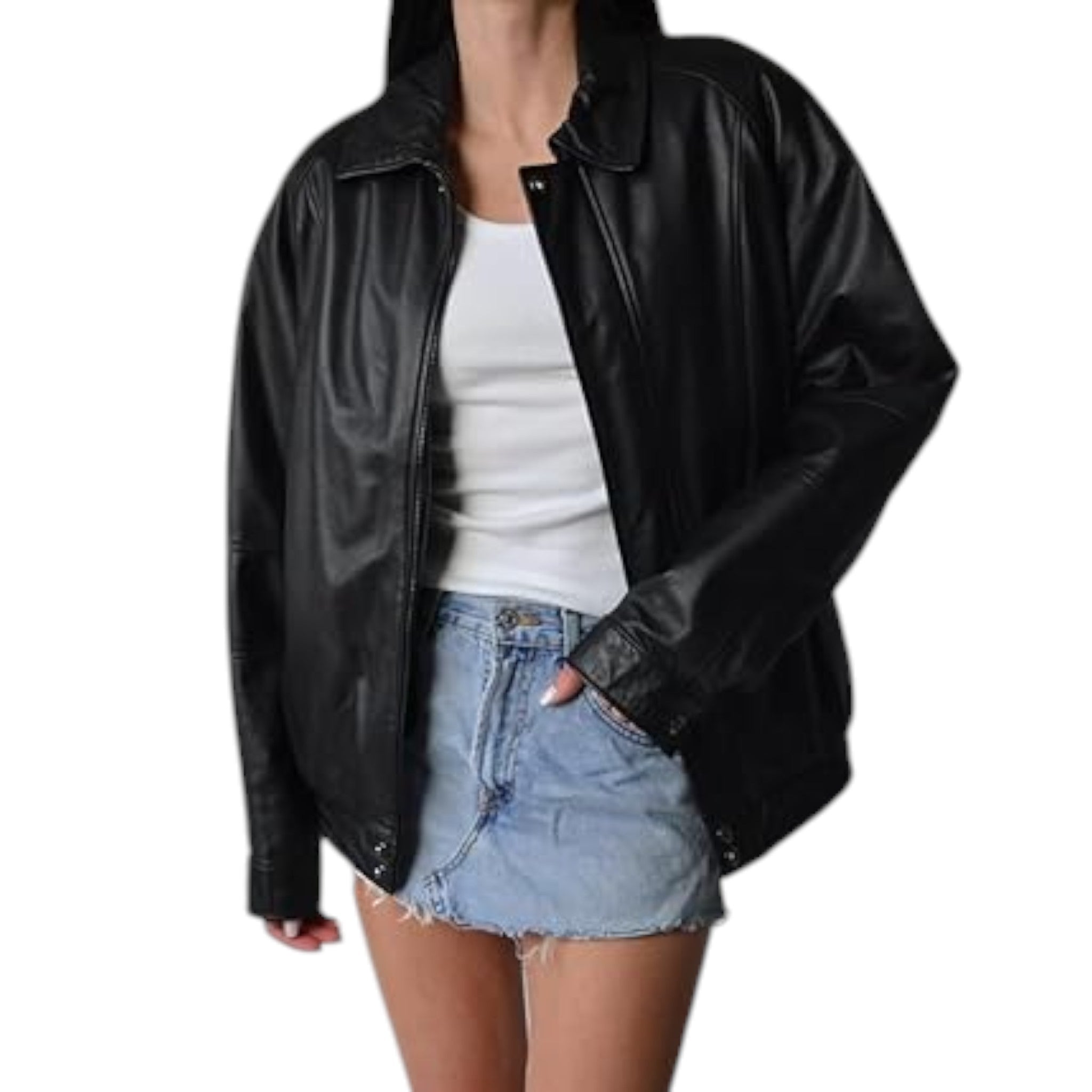 Black leather jacket worn by a person on a white background