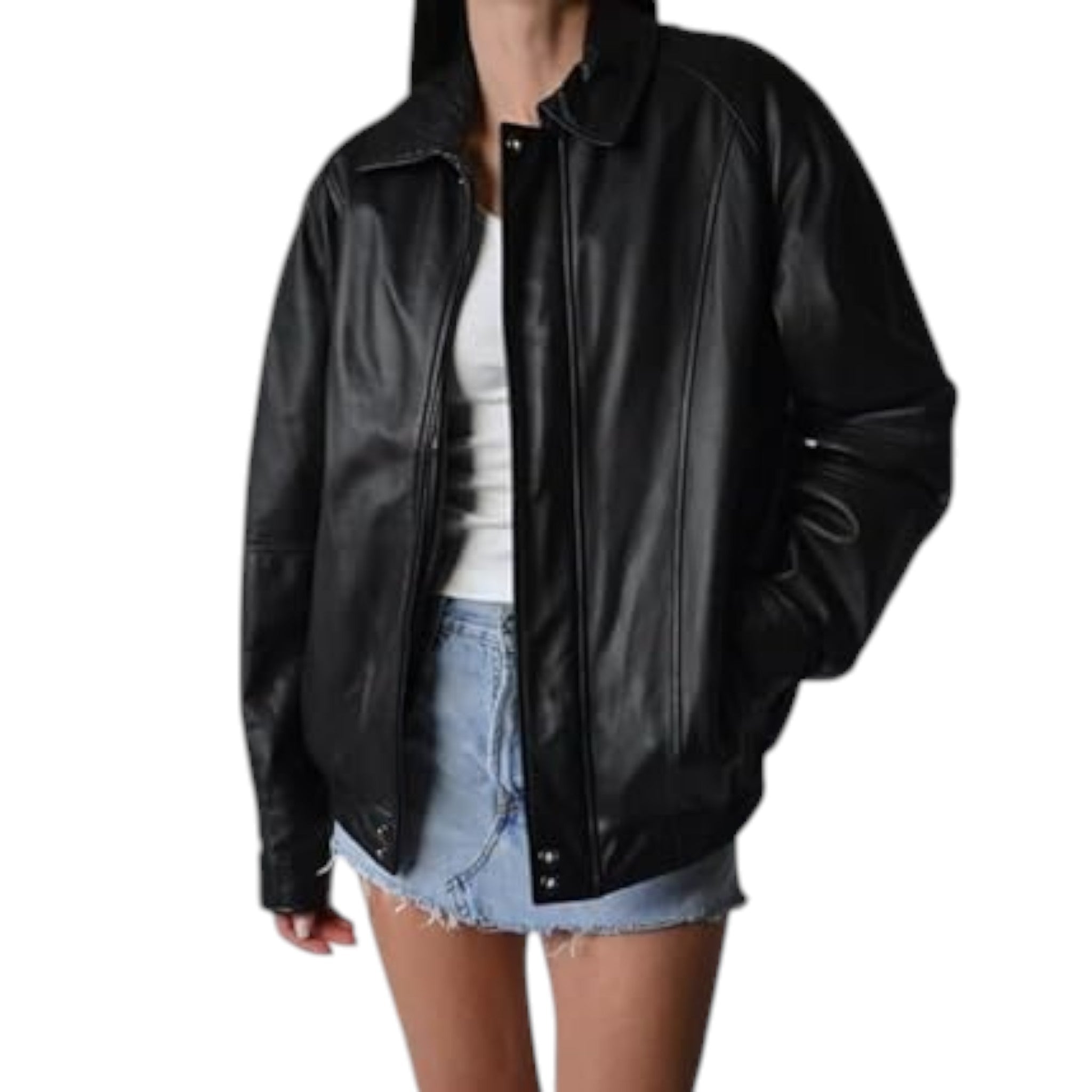 Black leather jacket worn by a person on a white background