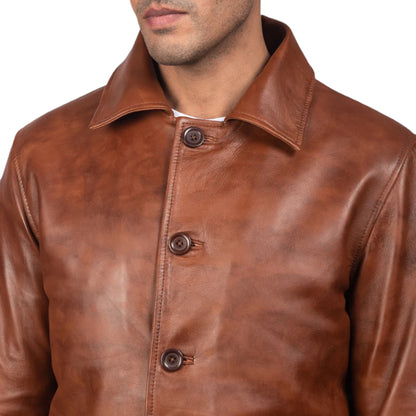 Brown leather jacket with button details on a white background