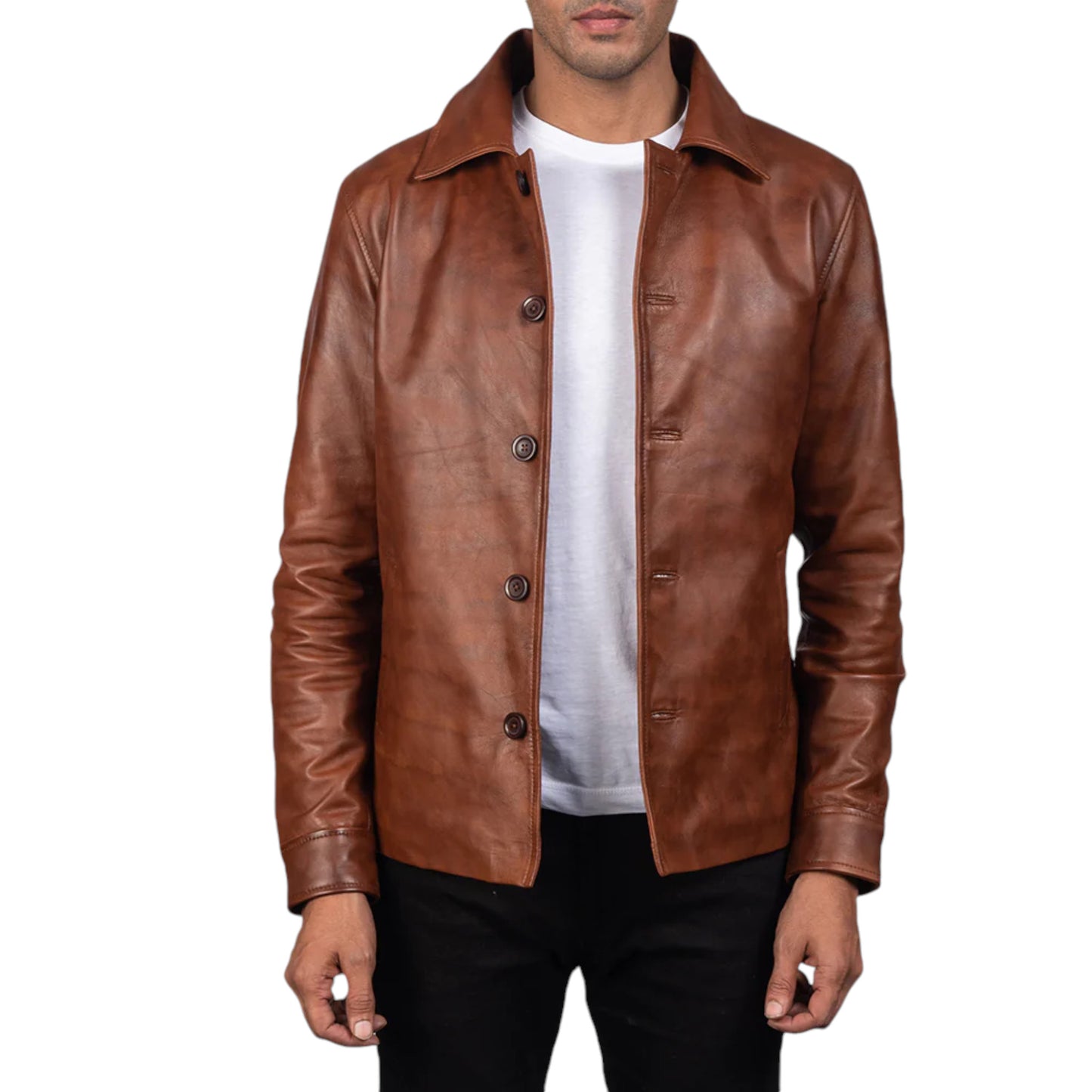 Brown leather jacket worn by a person on a white background