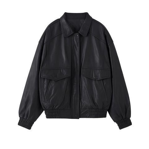Black leather jacket with two front pockets on a white background