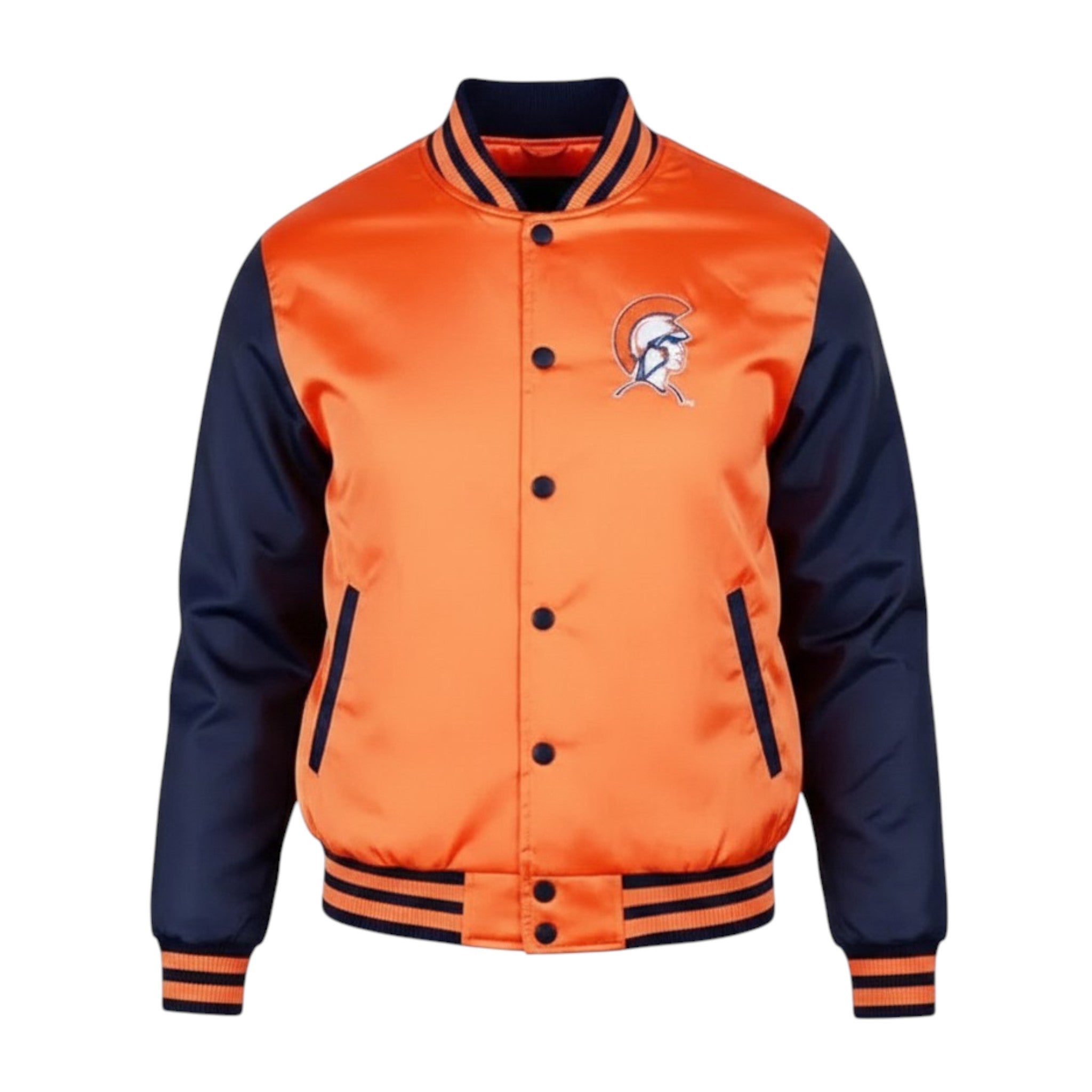 Orange and navy varsity jacket with a logo on a white background
