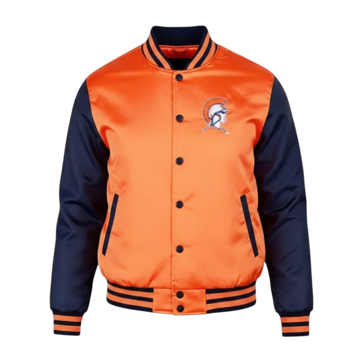 Orange and navy varsity jacket with a logo on a white background
