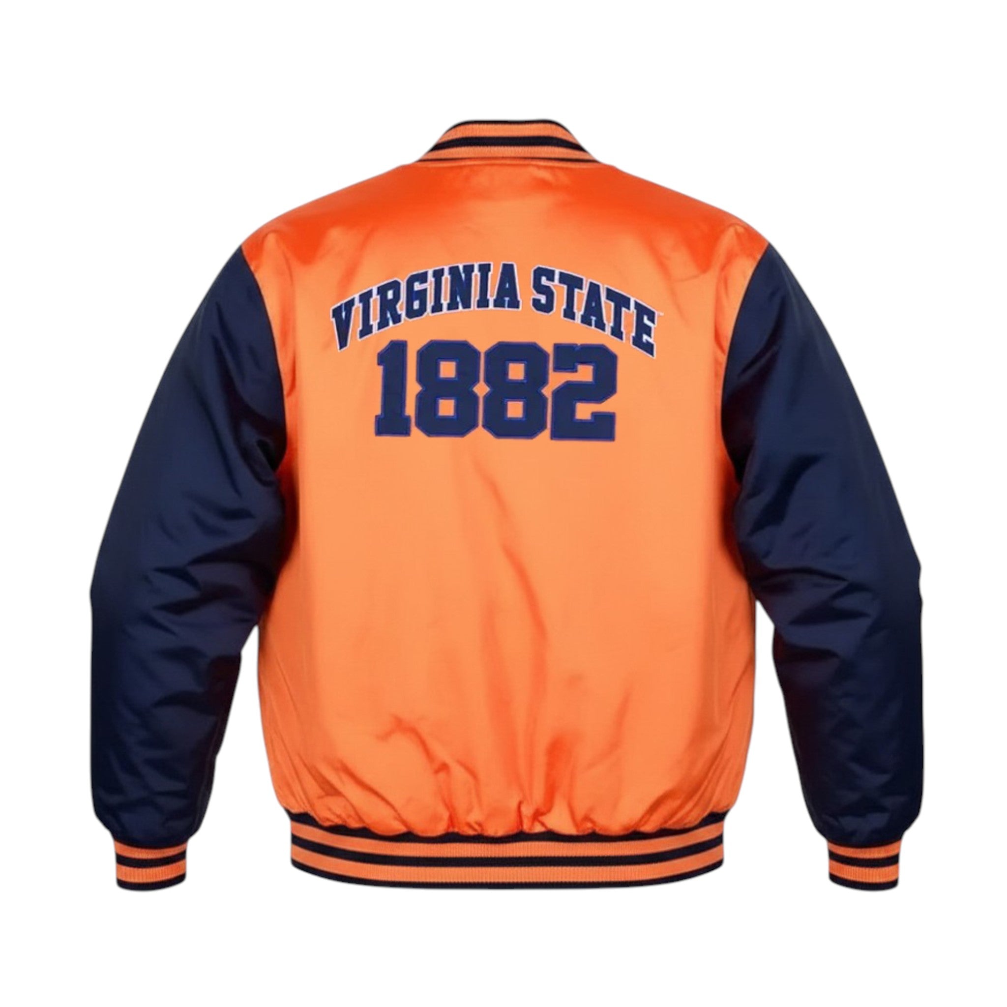 Orange and navy varsity jacket with 'Virginia State 1882' text on a white background
