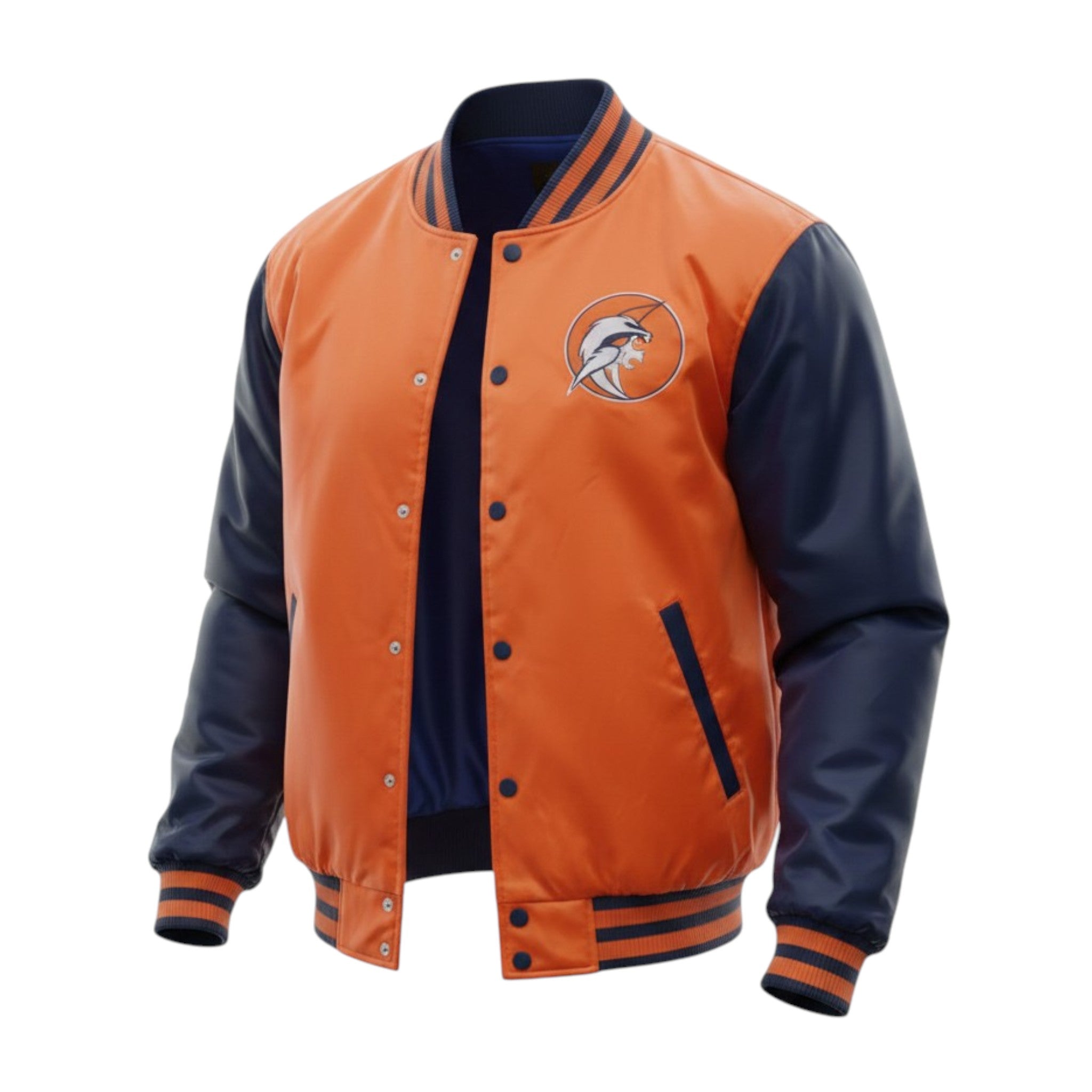 Orange and navy varsity jacket with a logo on a white background