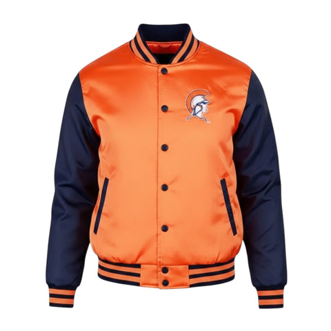 Orange and navy varsity jacket with a logo on a white background