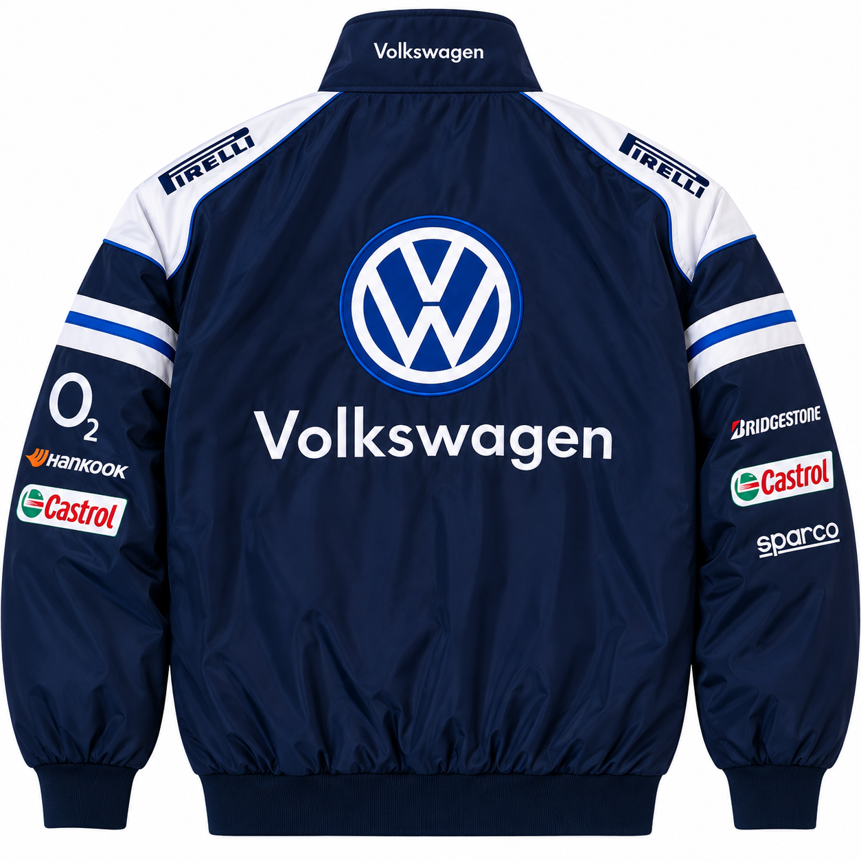 A navy blue Volkswagen-branded jacket shown from the back, with large white and blue Volkswagen logo on the center back, Pirelli branding on the shoulders, and sponsor logos including Castrol, Bridgestone, O2, Hankook, and Sparco on the sleeves.