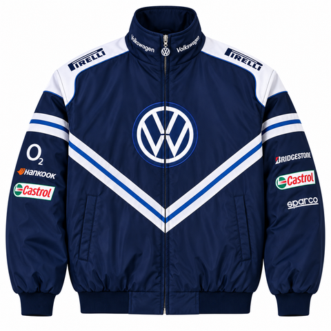 A navy blue and white Volkswagen racing track jacket with sponsor logos including Pirelli, Castrol, Bridgestone, Hankook, O2, and Sparco, displayed on a clean white background.