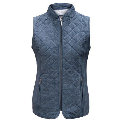 A women's blue zip-up vest with a quilted pattern, featuring a full zipper and side pockets.
