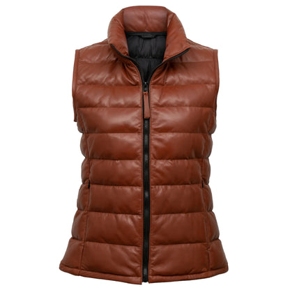 A rust-colored, leather funnel neck gilet with a full-length zipper and zipped pockets on the sides.