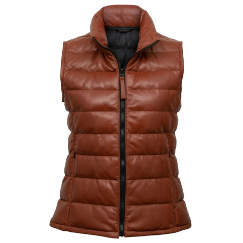 Stylish Rust Leather Gilet for Women Funnel Collar Design