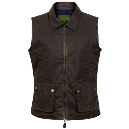 A women's dark brown waxed cotton utility vest with a collar, multiple pockets, and a front zipper closure.