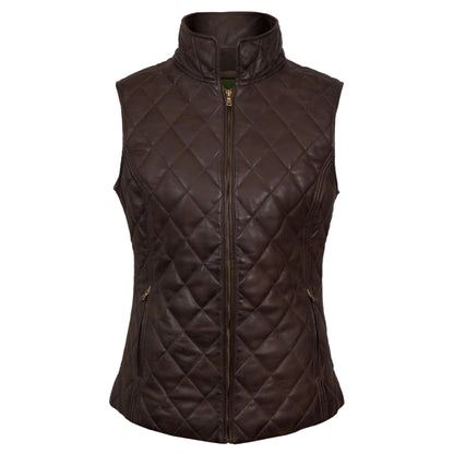 A brown quilted leather vest for women with a full-length front zipper and stand-up collar.