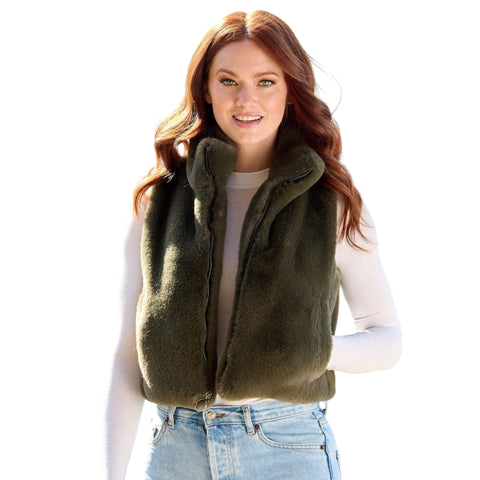 Olive Zip-Up Vest with Le Mink Faux Fur Trim Stylish & Cozy