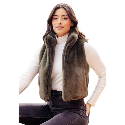 Olive Zip Vest with Le Mink Faux Fur Trim