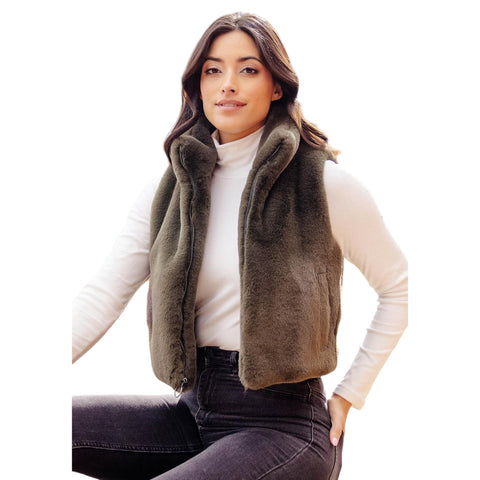 Olive Zip-Up Vest with Le Mink Faux Fur Trim Stylish & Cozy