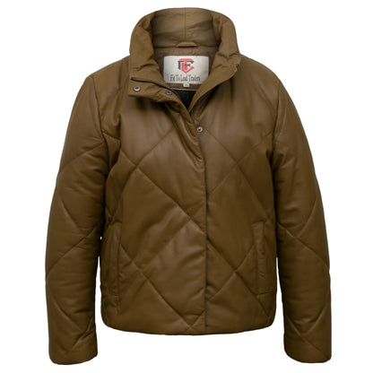 A Women's Khaki Quilted Leather Stylish Jacket with a mandarin collar, zipper and snap placket closure, and straight cuffs.