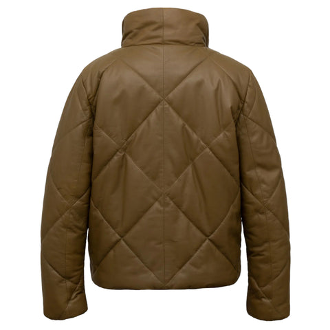 Khaki Quilted Leather Jacket for Women Modern Outerwear