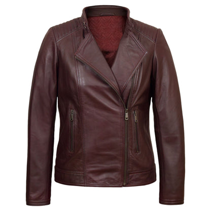 A women's maroon leather jacket with a collar, front zipper closure, and side zippered pockets.