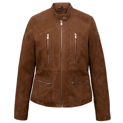 A ladies' rugged suede jacket in brown color with a mandarin collar, zippered front, and multiple zippered pockets.