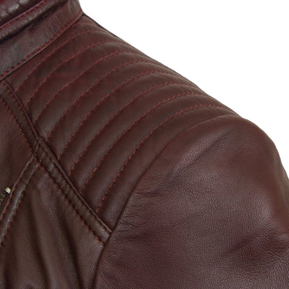 Women's Maroon Leather Jacket - Stylish Moto Biker Design