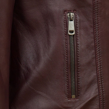 Women's Maroon Leather Jacket - Stylish Moto Biker Design